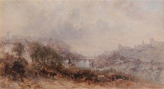 George Weatherill (1810-1890) Whitby Harbour from the land with cattle in the foreground, 4.25 x 7.75in.
